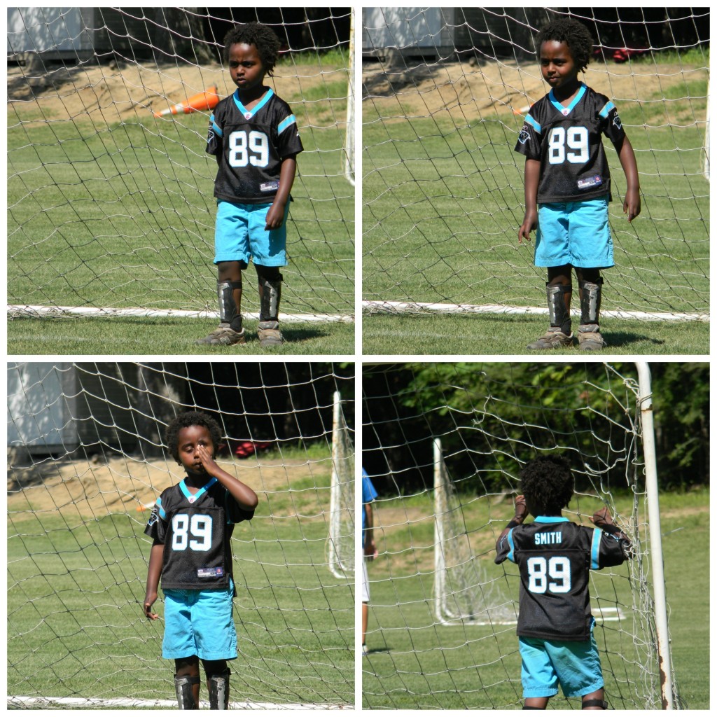 The progression of playing goalie at soccer camp scrimmage:  Photo 1: I've got you. Don't even try it.  Photo 2: Hey, it kinda looks like they are coming towards me. That's fun.  Photo 3: How long is this game?  Photo 4: Game? What game? There is a butterfly over there.